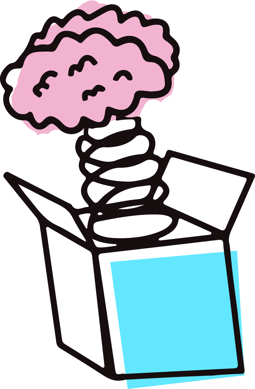 Illustration of a cute brain popping out of a jack-in-the-box style box.
